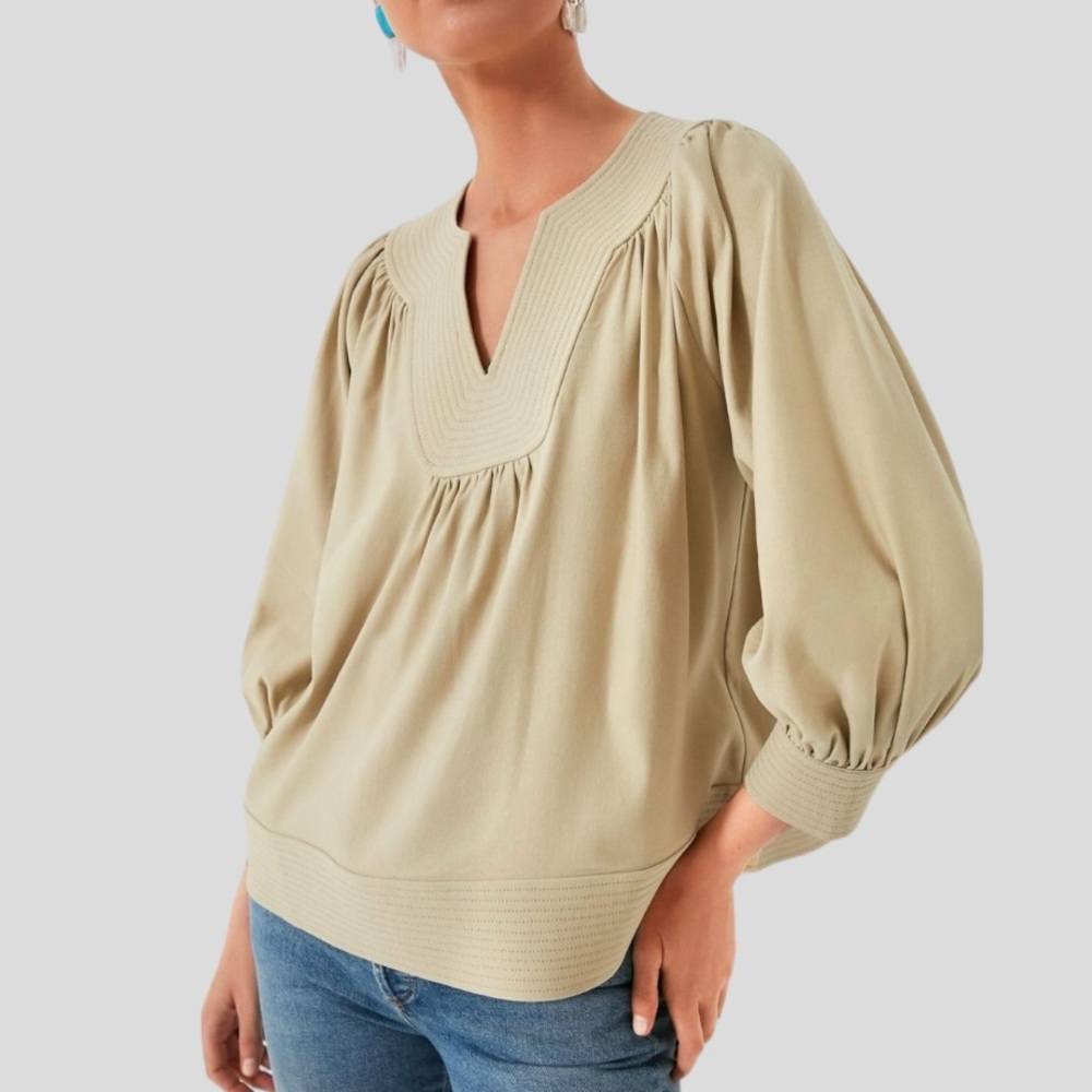 POMANDER PLACE TUCKERNUCK TAN KOA POPOVER BLOUSE SIZE XS